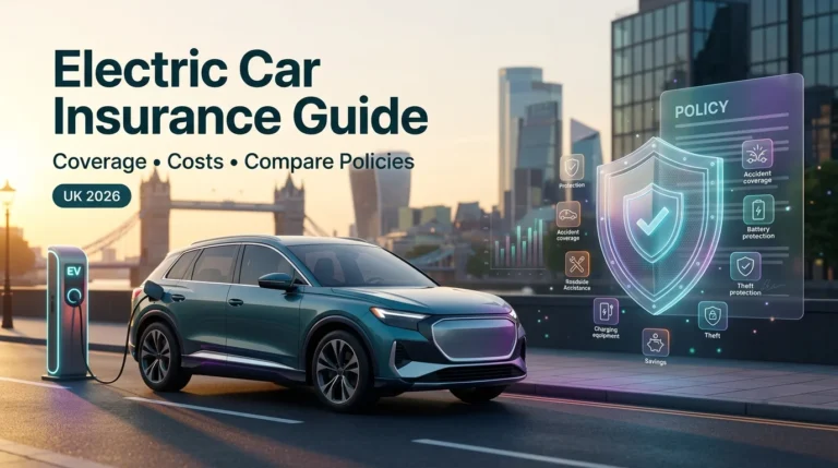Electric car on a highway with EV insurance comparison panel