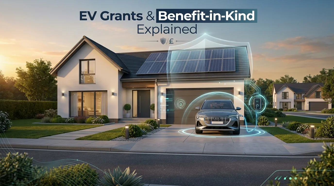 Electric car charging at home with EV benefit information, solar panels, and cost-saving electric vehicle advantages