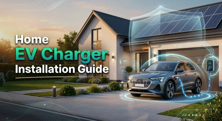 EV parked in a driveway with a home charger connected and solar panels showing smart and affordable charging