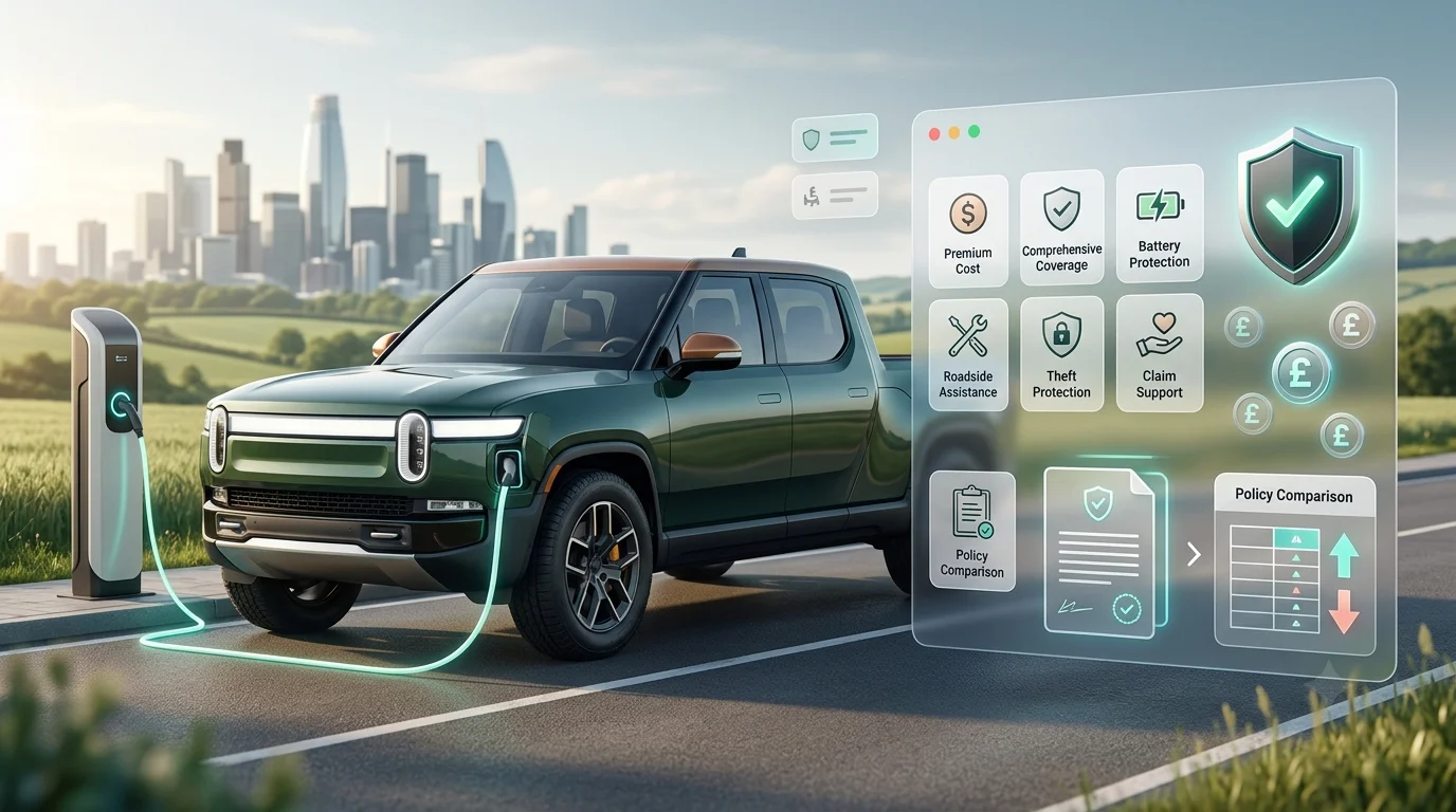 Rivian electric truck charging with insurance comparison panel showing coverage costs, battery protection, and policy options