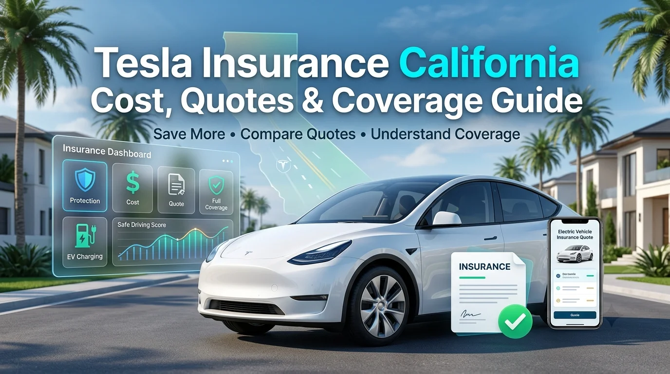 Tesla in a residential area with EV insurance quote and charging information