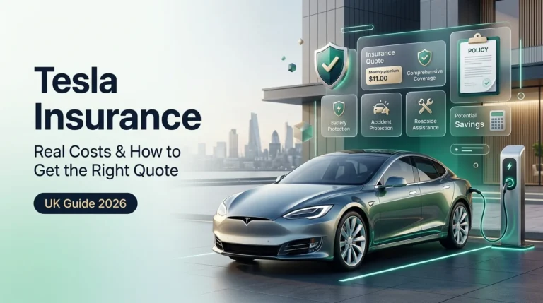 Tesla electric car charging outside a business building with insurance cost, savings, and quote