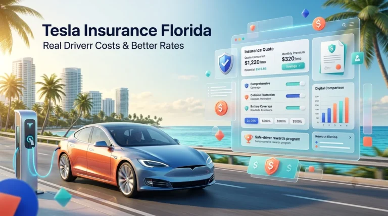 Tesla charging beside a coastal highway with EV insurance comparison panel
