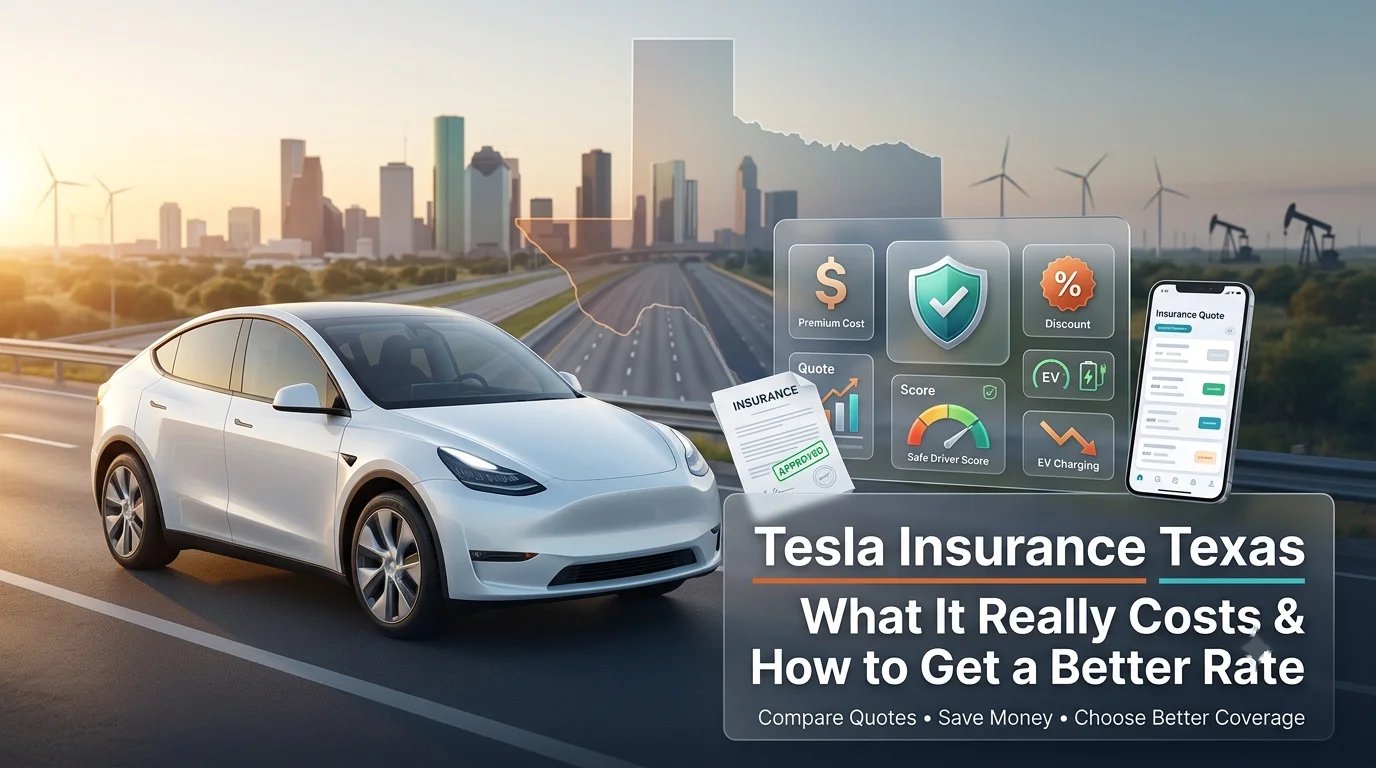 Tesla with digital insurance quote, policy comparison, and charging graphics