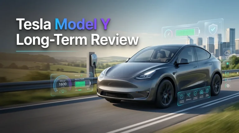 Tesla Model Y electric car on the road illustrating long-term review features including charging, mileage, and safety