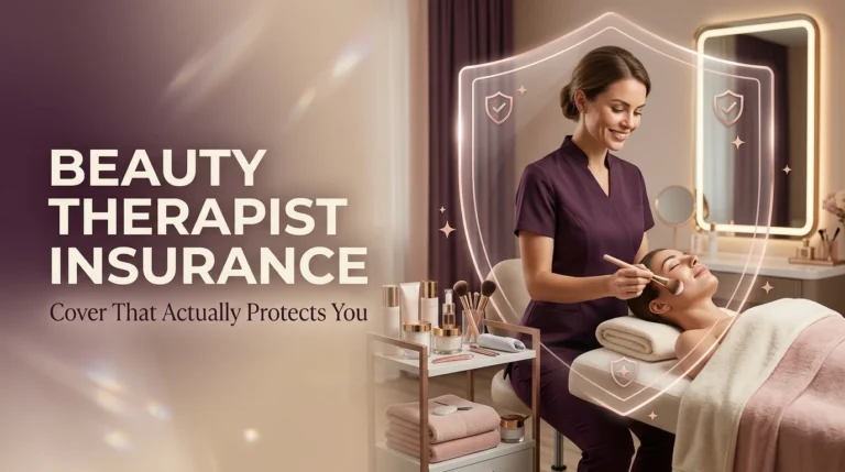 Beauty therapist providing a treatment to a client in a spa setting surrounded by brushes and beauty equipment.