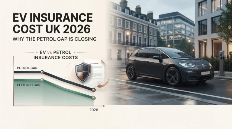 Graph comparing electric and petrol car insurance costs in the UK, showing the narrowing price gap in 2026. make