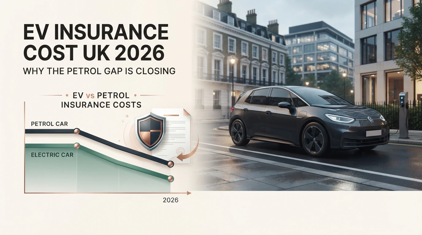 Graph comparing electric and petrol car insurance costs in the UK, showing the narrowing price gap in 2026. make