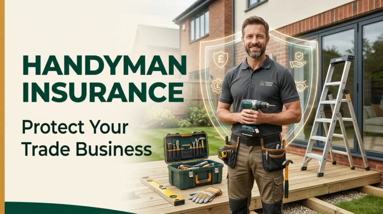 Handyman standing outside a home with a ladder and tools, representing insurance coverage for his trade business.