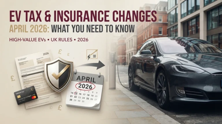 EV charging in the UK alongside insurance and tax documents, highlighting the April 2026 rules for high-value electric cars.