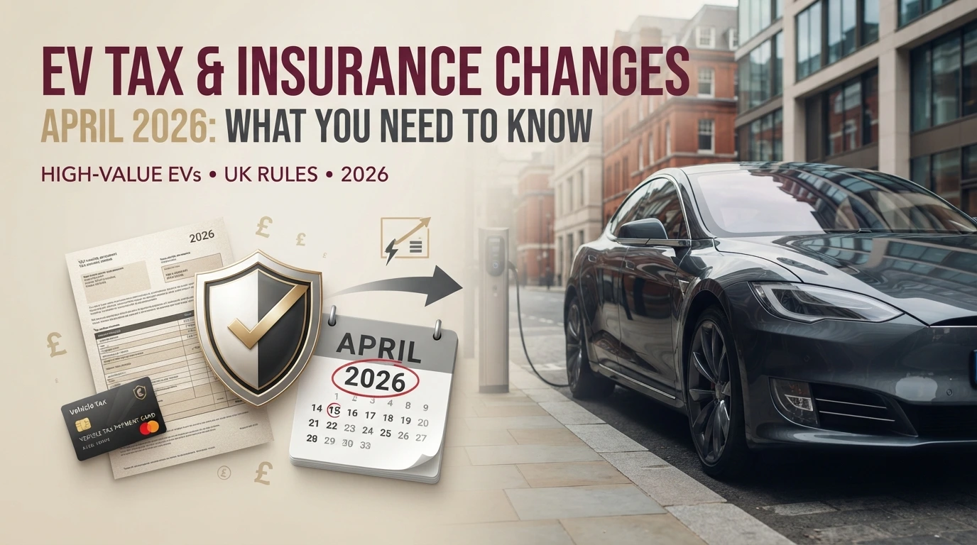 EV charging in the UK alongside insurance and tax documents, highlighting the April 2026 rules for high-value electric cars.