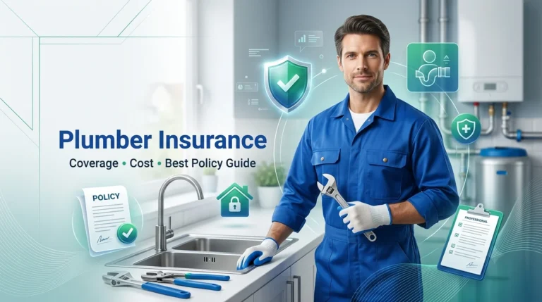 Happy plumber in a kitchen with tools representing plumber insurance coverage and protection