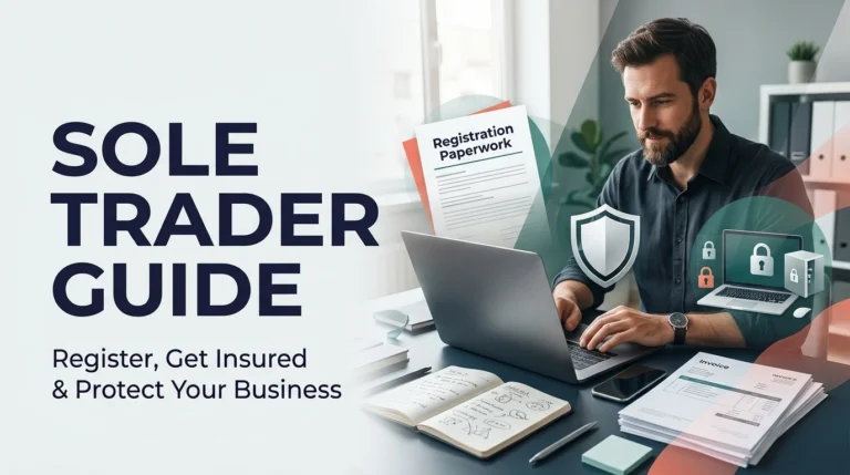 Sole trader working on a laptop with business paperwork and invoices on his desk, illustrating business registration and insurance.