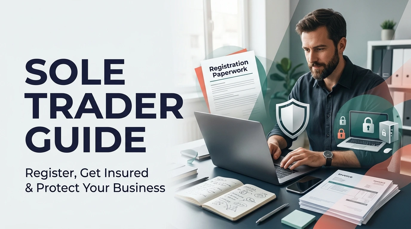 Sole trader working on a laptop with business paperwork and invoices on his desk, illustrating business registration and insurance.